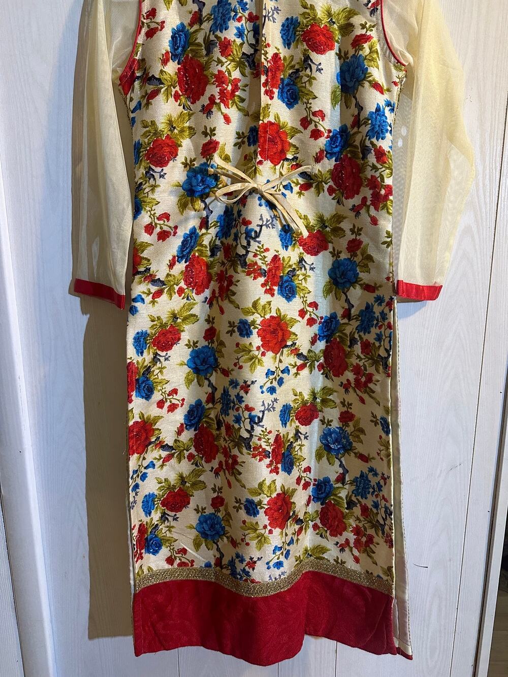 Vintage Shisha Mirror Work Kurti Tunic Dress Floral Embroidery Red Gold Trim Mod